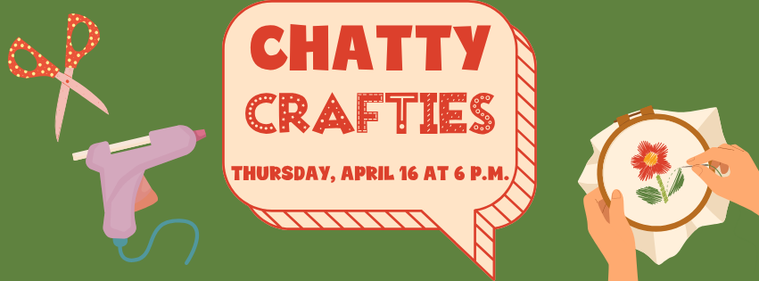 Green background with speech bubble advertising Chatty Crafties group
